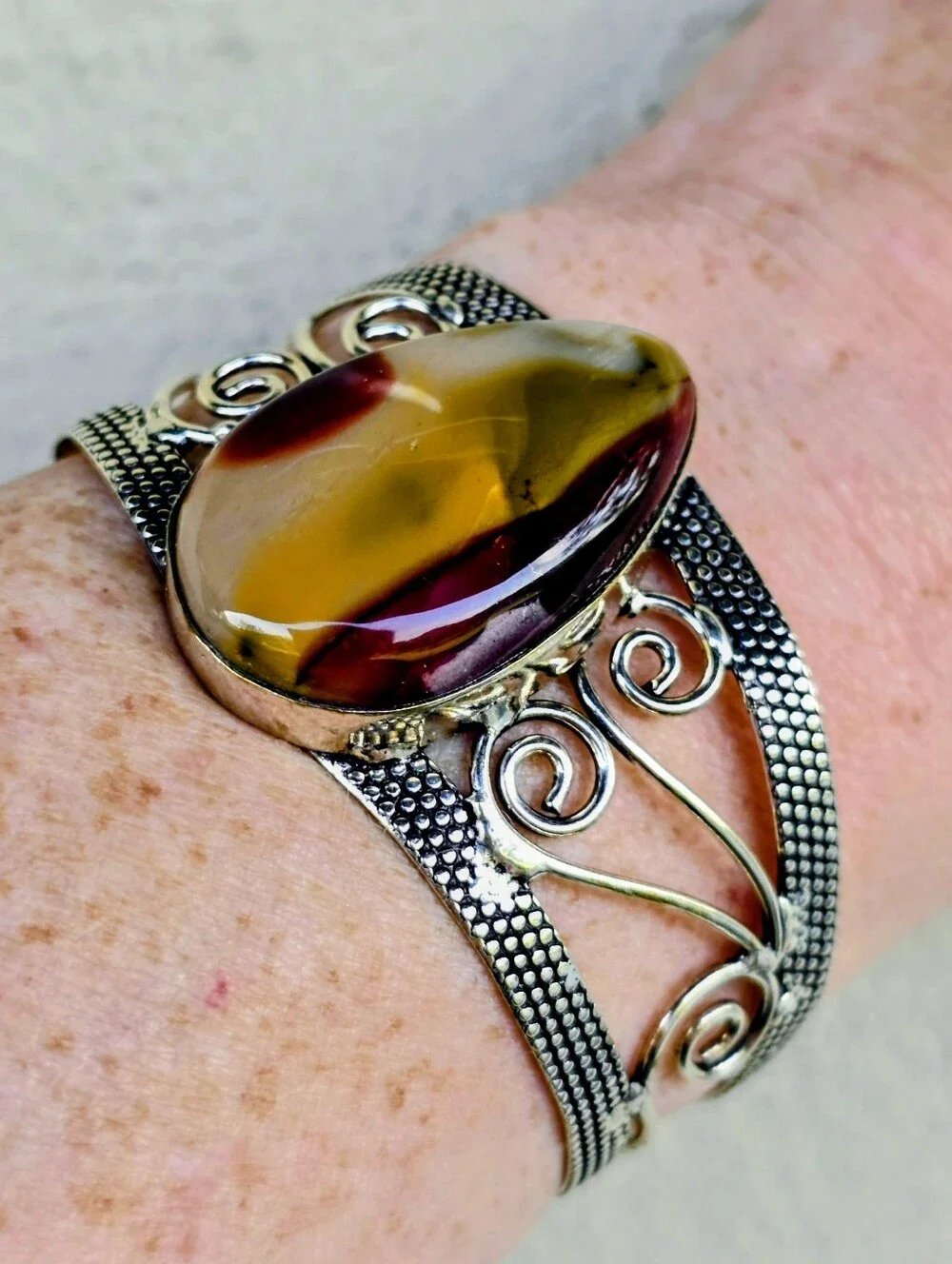 Mookaite Gemstone Cuff Bracelet In 925 Sterling Silver (Adjustable)